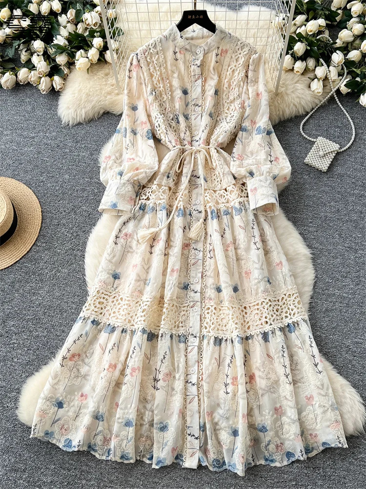 SINGREINY Senior Floral Long Dresses Women Lantern Sleeve O Neck Lace Up n Single Breasted High Quality Court Print Dress 250728
