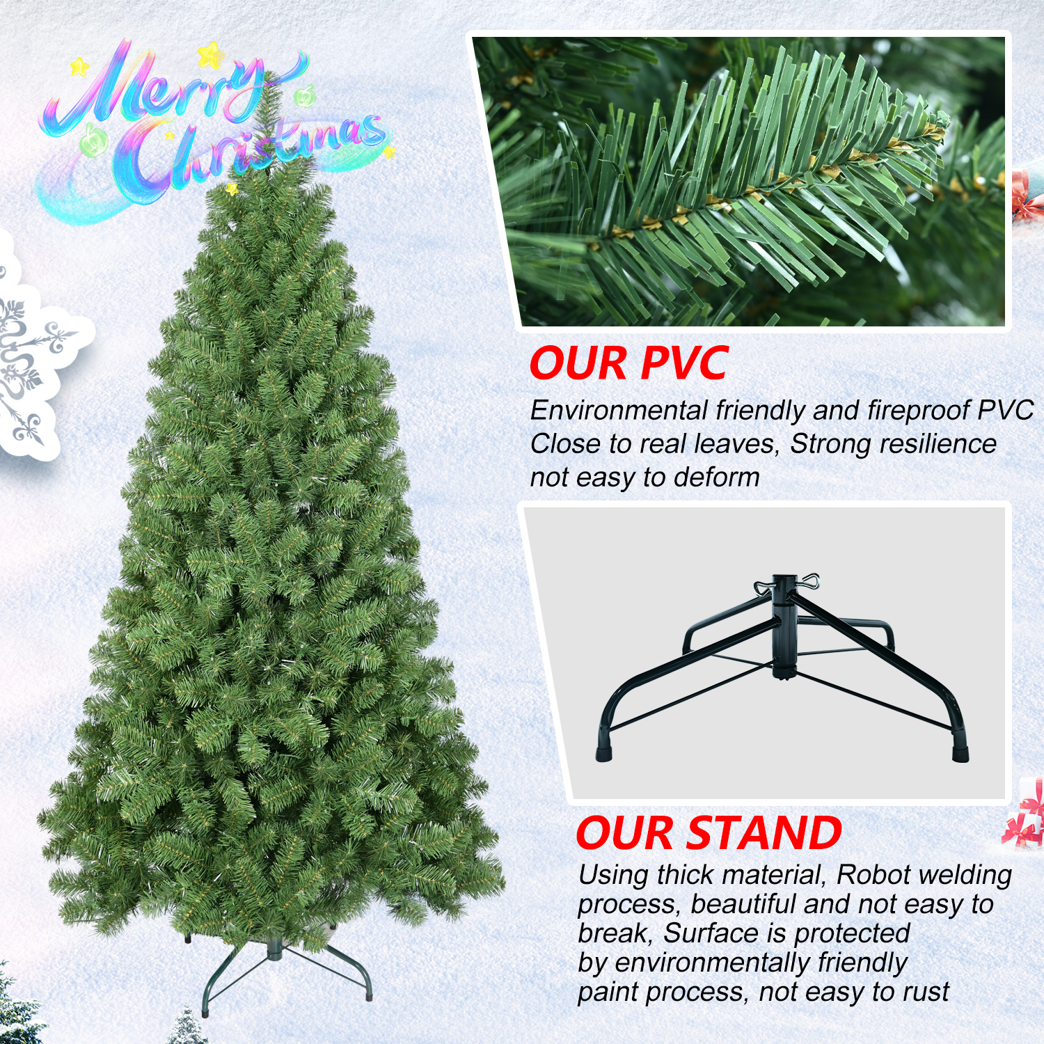 Green 6-9-Ft Luxury Flame-Retardant PVC Christmas Tree, Easy Plug System, Premium Stand & Storage Bag for Indoor Holiday Decorating