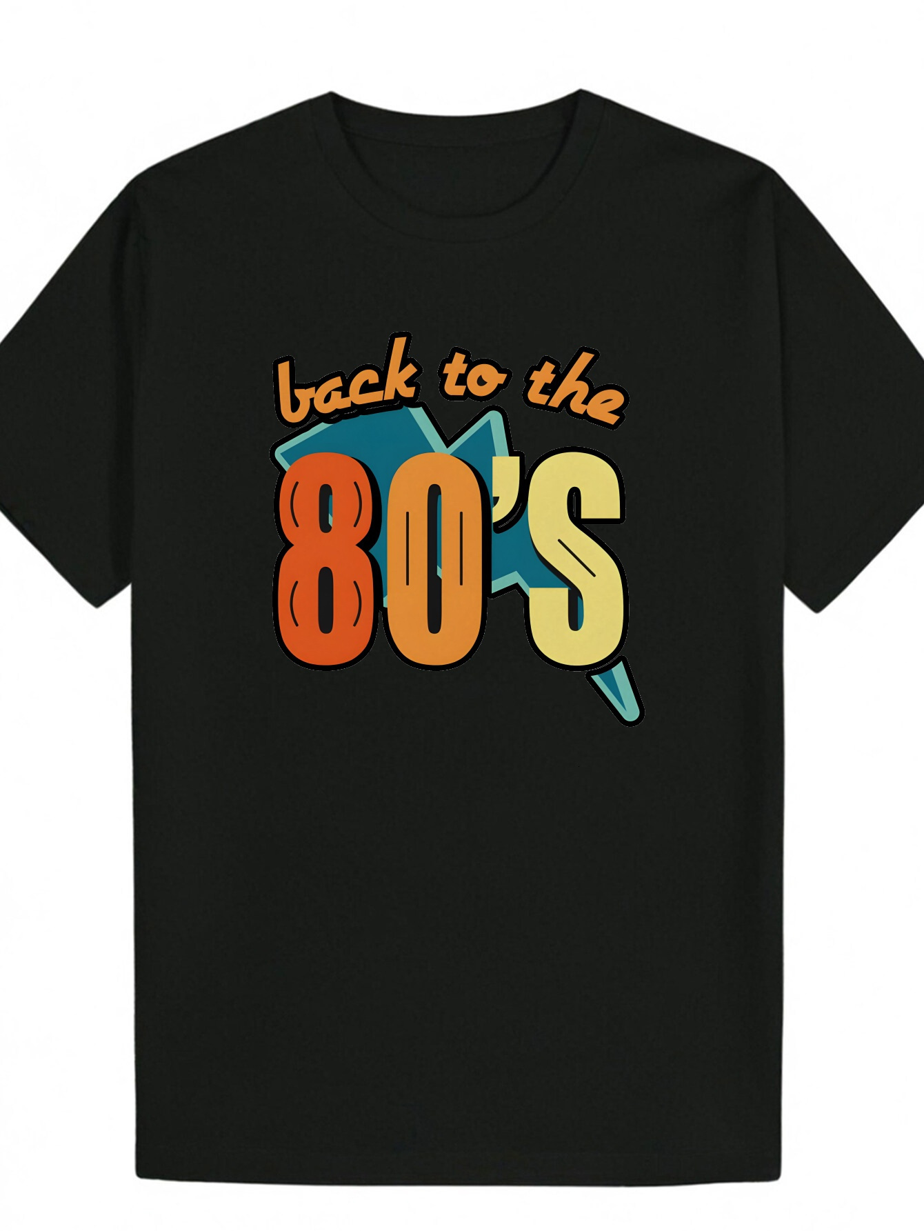 80s Pattern - "Back to the 80s" Bold Letter Print, Black Short Sleeve Round Neck Lightweight Men's Top, T-Sh, Summer Casual Wear, Style