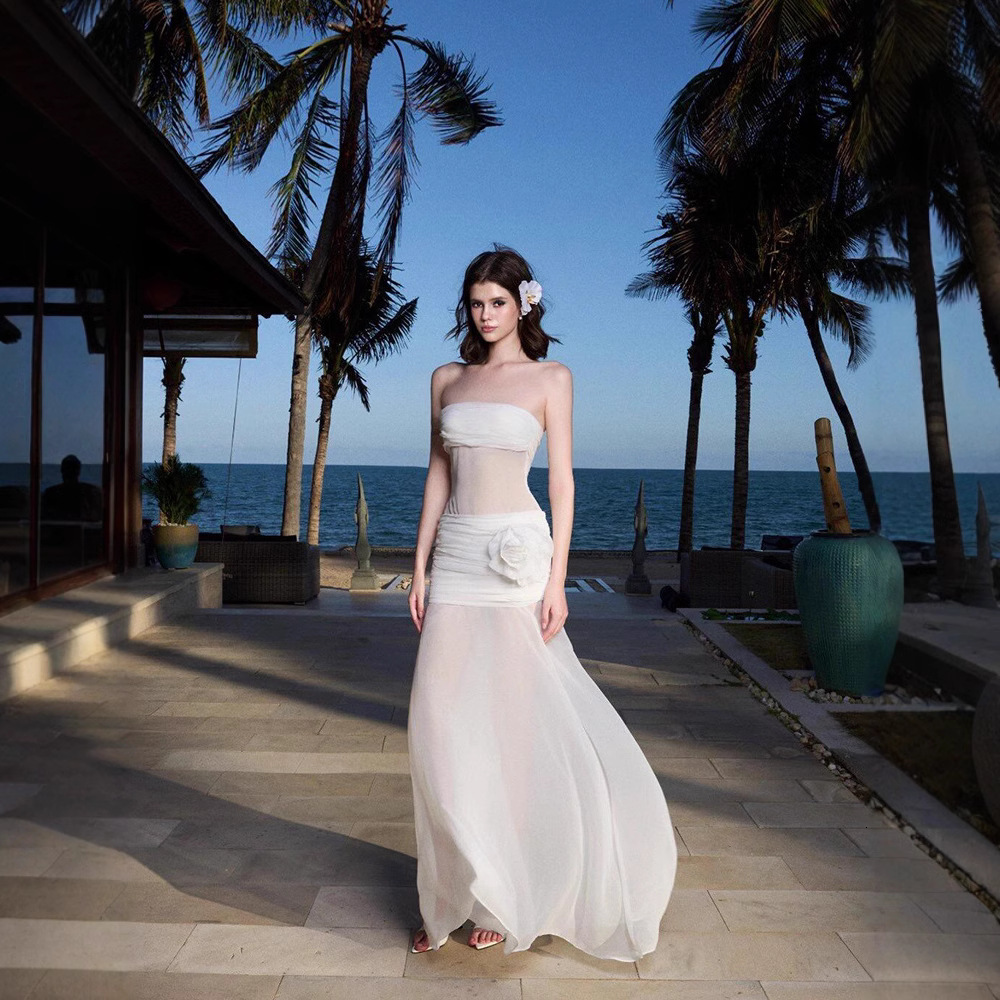 2025 beach vacation style transparent mesh fashion tube top with a slim and elegant design, suitable for travel and photography. New designer dresses