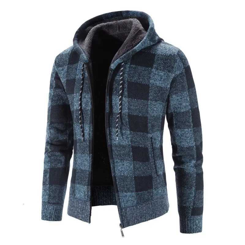 Mens Plaid Sweater Hooded 2024 New Winter Cardigan Coat Wool Zipper Jacket Autumn Fleece Warm Clothes Checkered Knit Jumper XJ250805