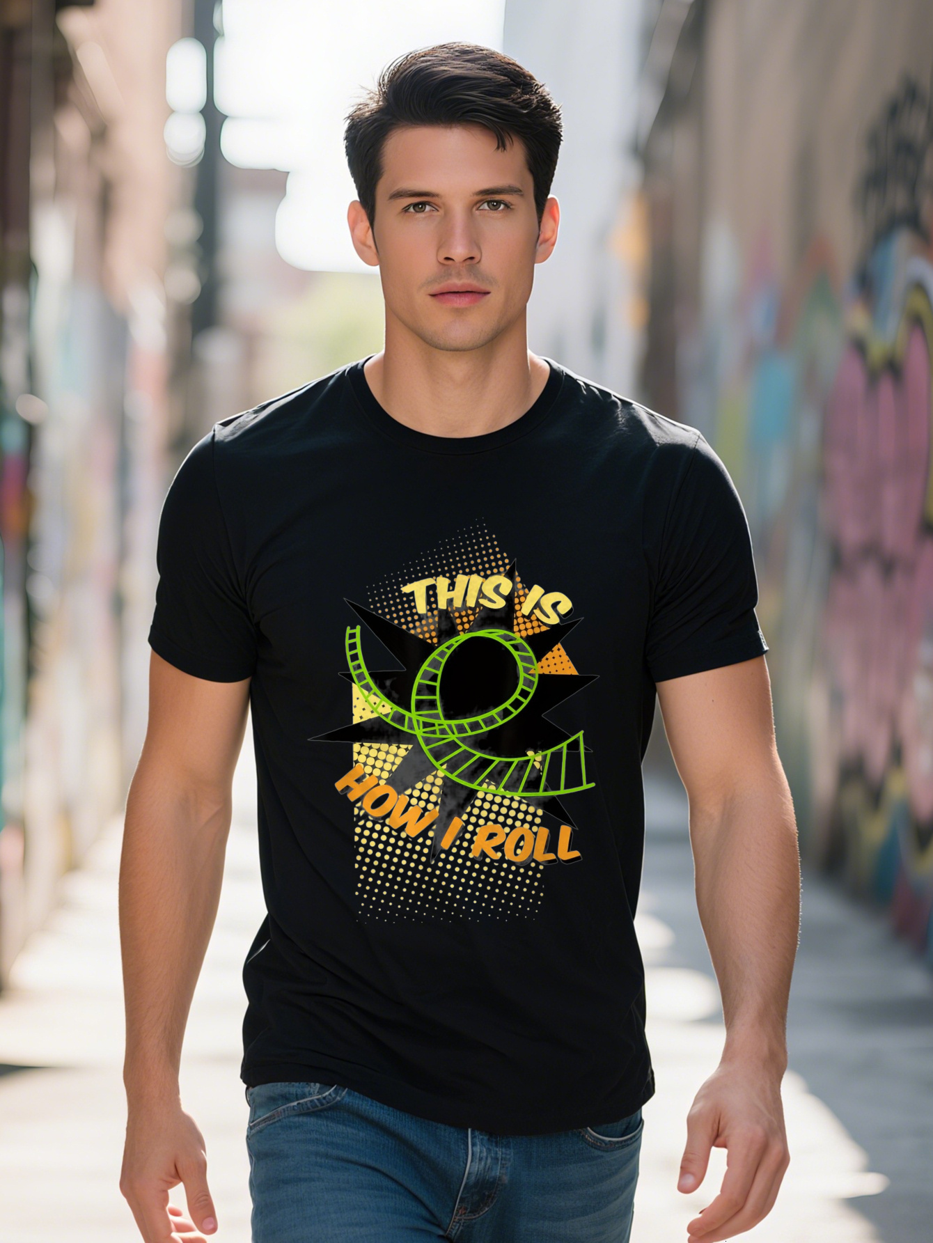 100% Cotton Men's T-Shirt - This is How I Roll Funny Roller Coaster Design, Black with Colorful Graphics, Crew Neck, Short Sleeve, Perfect for Ca