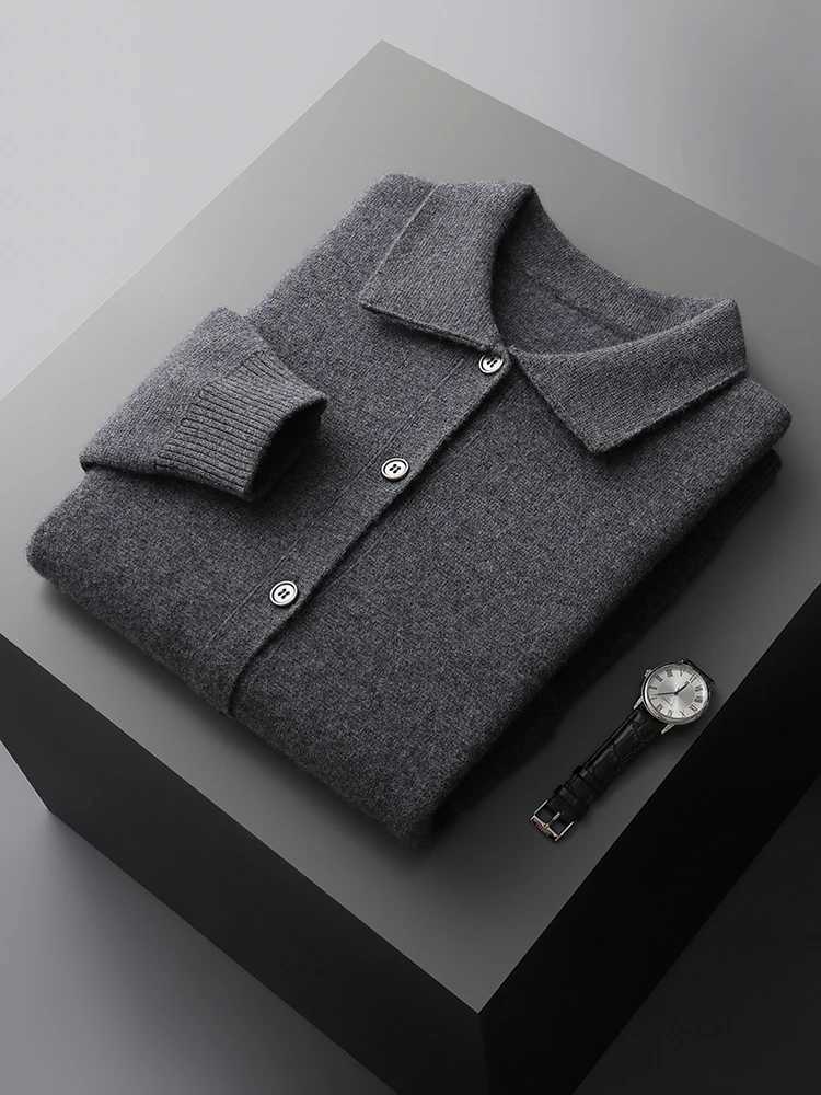 100% Merino Wool Knitwear Men Sweater High Quality Turndown Collar Single Breasted Solid Color Cardigan Soft Tops XJ250805