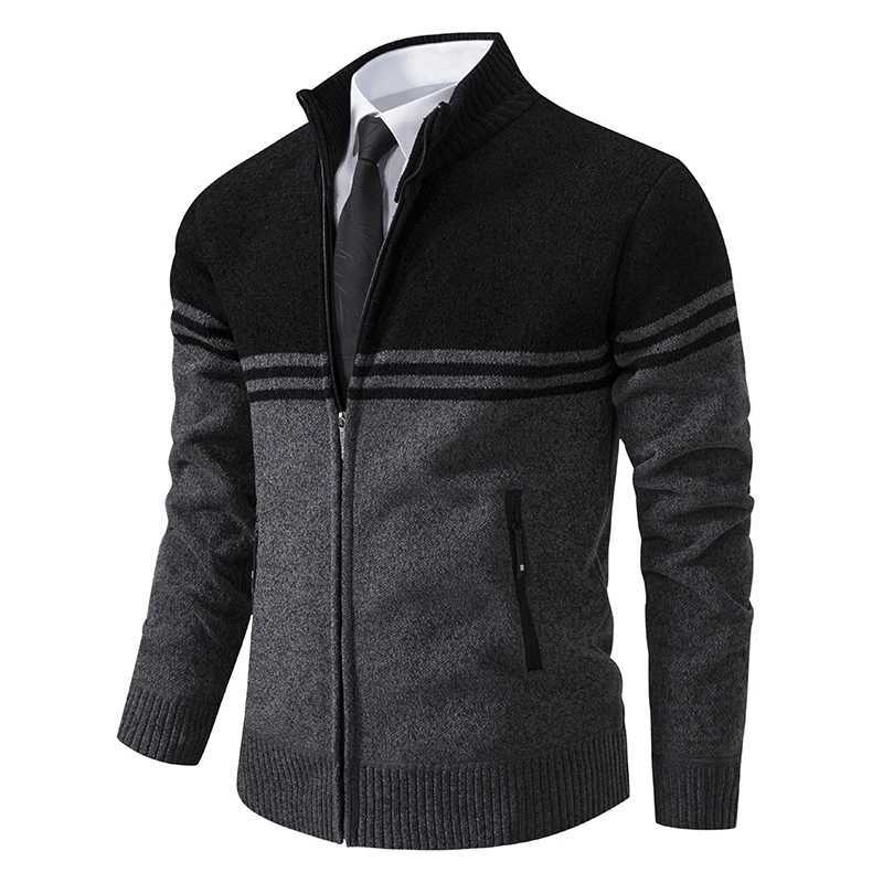 Mens New Winter Sweater Thick Fleece Warm Sweater Casual Stand Collar Zipper Cardigan Fashion Striped Coat XJ250805