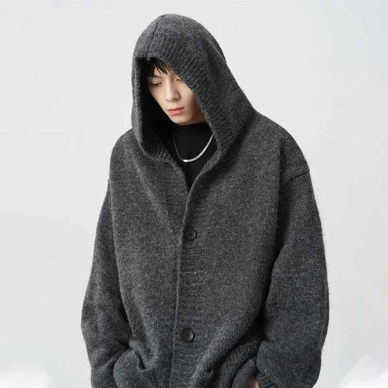 Spring Gray Woolen Knitted Cardigan Hooded Sweater For Men Pockets Korean Fashion Knitwear Jacket Y2K Vintage Jumpers Hombre XJ250805