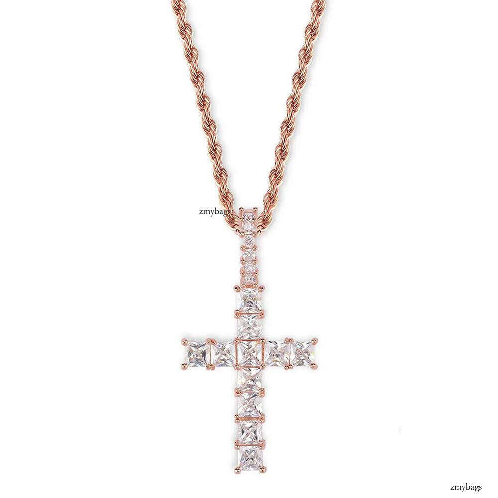 personalized Vintage Rose Gold Blingbling Dia Iced Out Cross Pendant Chain Necklace Square Cubic Zirconia Jewelry Gift For Men Women