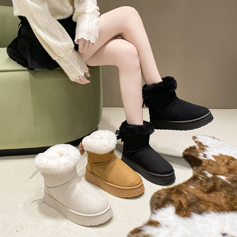 Winter new style female hair bow and plush thick warm non - slip winter cotton boots 2025s hot