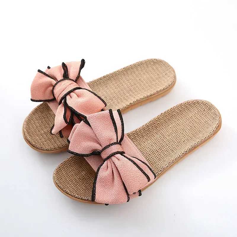 Women Summer Casual Slides Comfortable Flax Slippers Striped Bow Linen Flip Flops Platform Sandals Ladies Indoor Shoes W250805