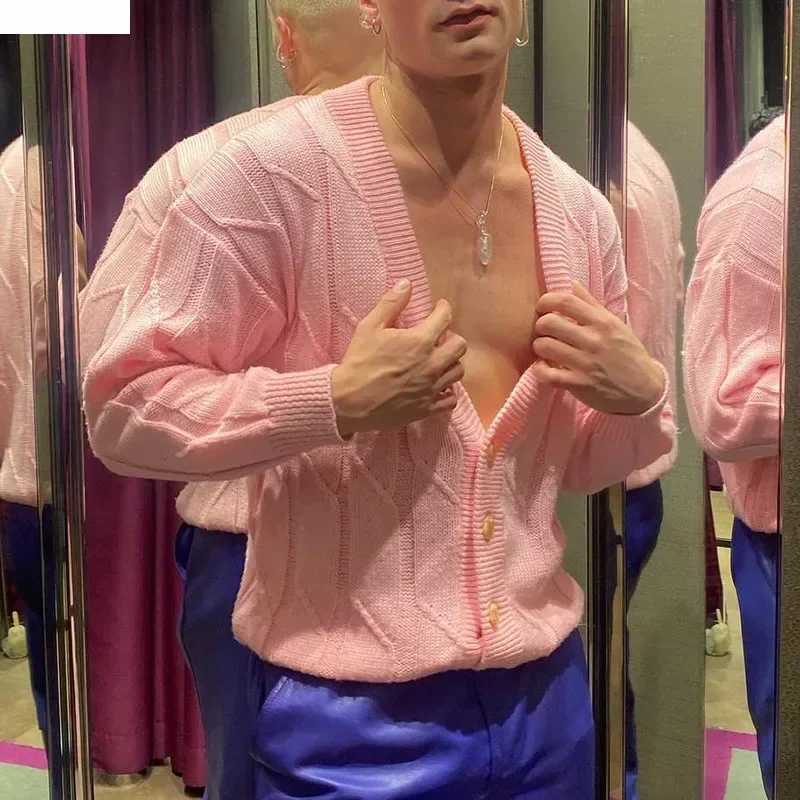 Sexy Deep V-Neck Pink Sweaters Men Fashion Loose Buttoned Long Sleeve Knit Cardigan Spring Trendy Streetwear Mens Knitwear XJ250805