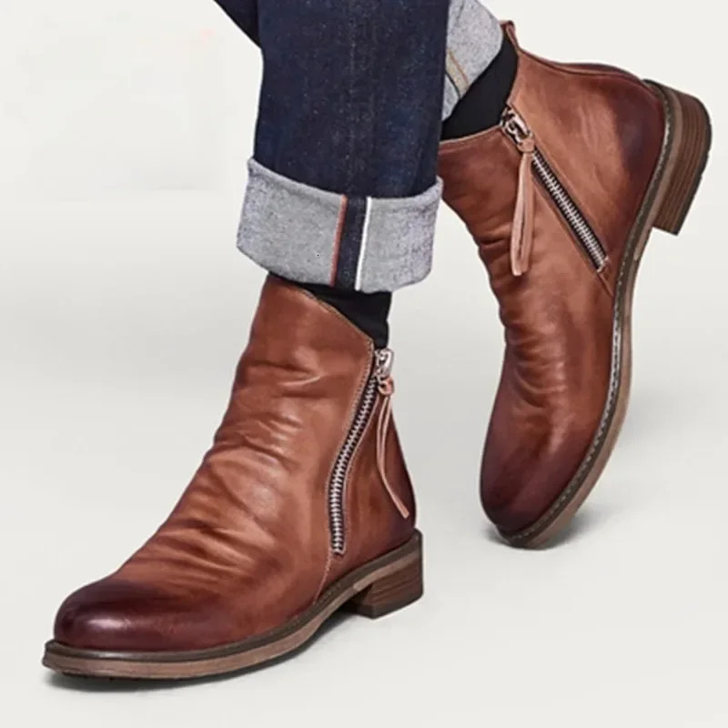Mens PU Leather Chelsea Boots Fashion High-top Tassel Zip Shoes Spring Autumn Ankle Boots for Men Comfort Plus Size 38-48 250729