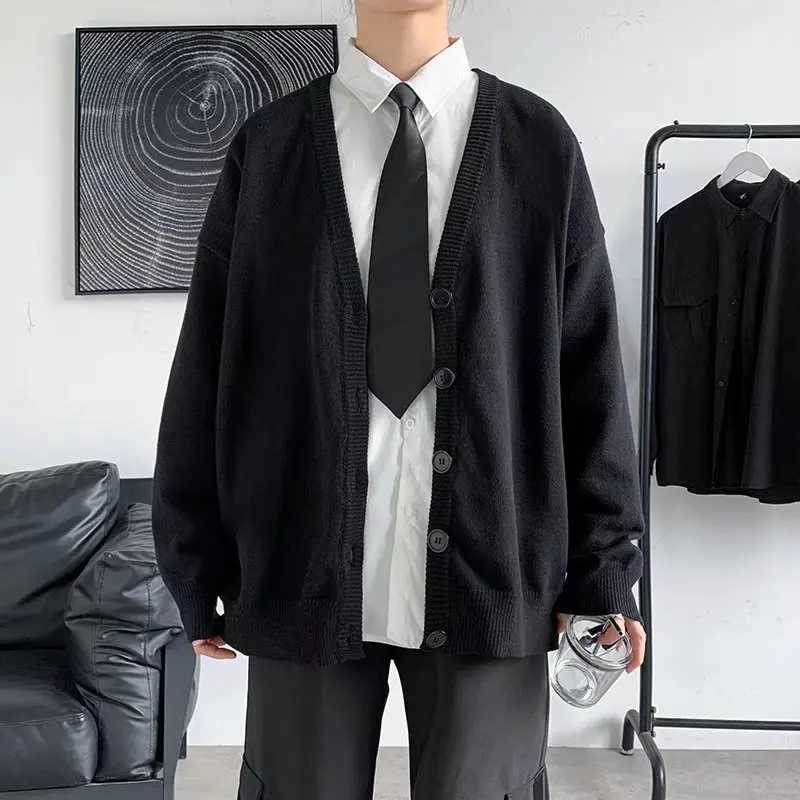 Autumn Winter Men Casual V-Neck Cardigan Sweaters Solid Color Long Sleeve Outerwear Single-Breasted Male Loose Knitted Coats XJ250805