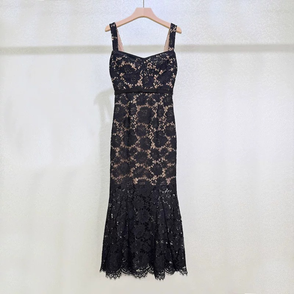 Designer dress elegant black retro floral lace waist cinching slimming fish tail suspender dress temperament evening gown dress women77