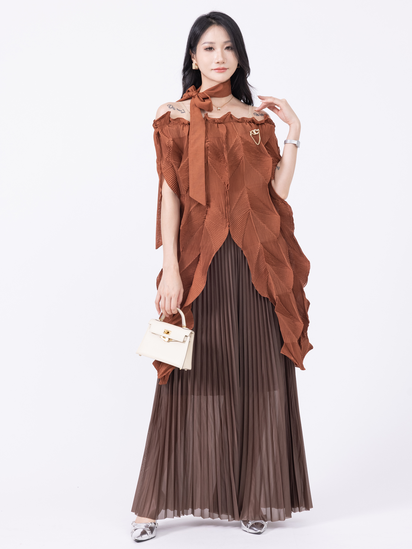 Two Piece Dress Casual Womens Pleated Overall Set Versatile Twill Material for Everyday Wear Pleated two-piece overalls ZR006