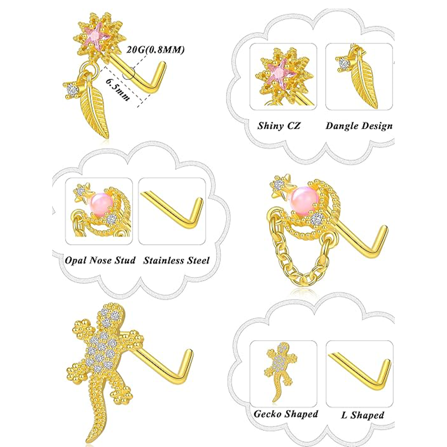 12Pcs Nose Ring Nose Stud L Shaped Snake Butterfly CZ Flower Moon Lizard Dangle Nose Rings Stud for Women Men Gold Tone 20G