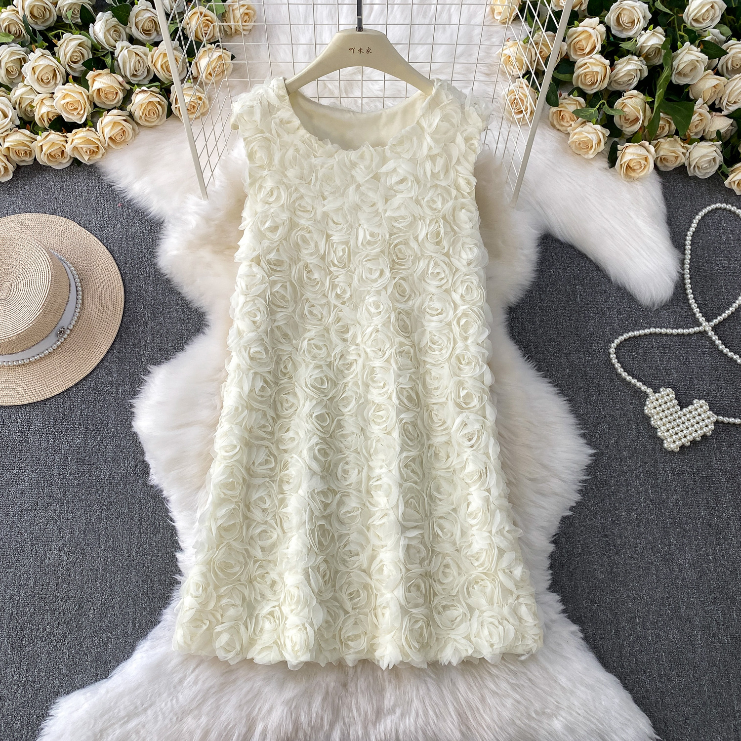 LO9260 Three-dimensional rose round neck sleeveless vest dress for women in summer, beautiful and age-reducing