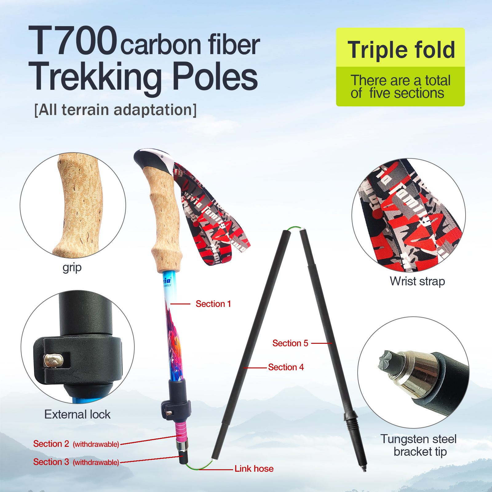 Trekking Poles Carbon Fiber Telescopic Folding Multifunction Pole Portable Hiking Pole Trail Walking Stick