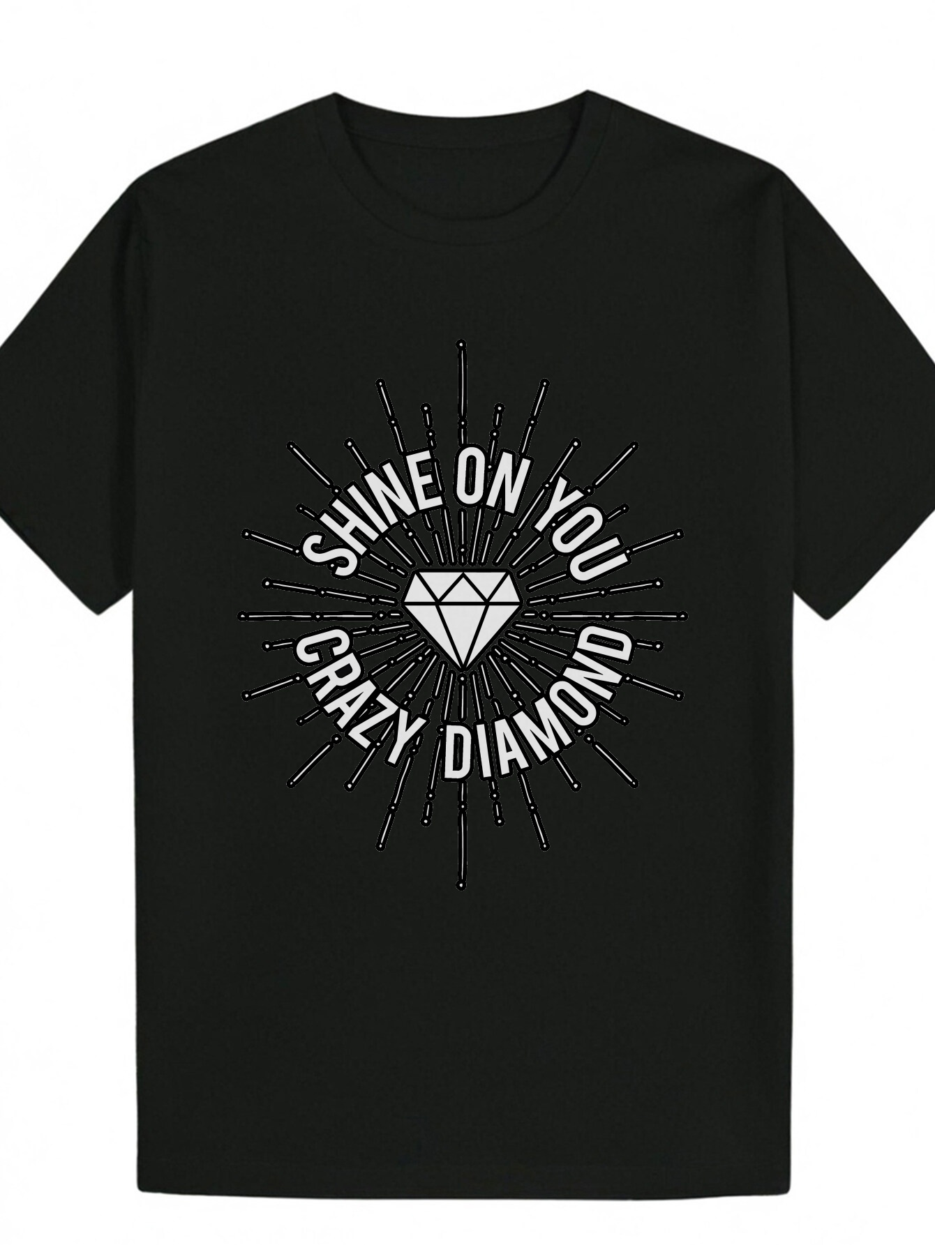 Men's Summer Casual - Black T-Shirt with "SHINE ON YOU CRAZY DIA" Pattern and Radiant Design, Polyester Fiber, Machine Washable, Breath