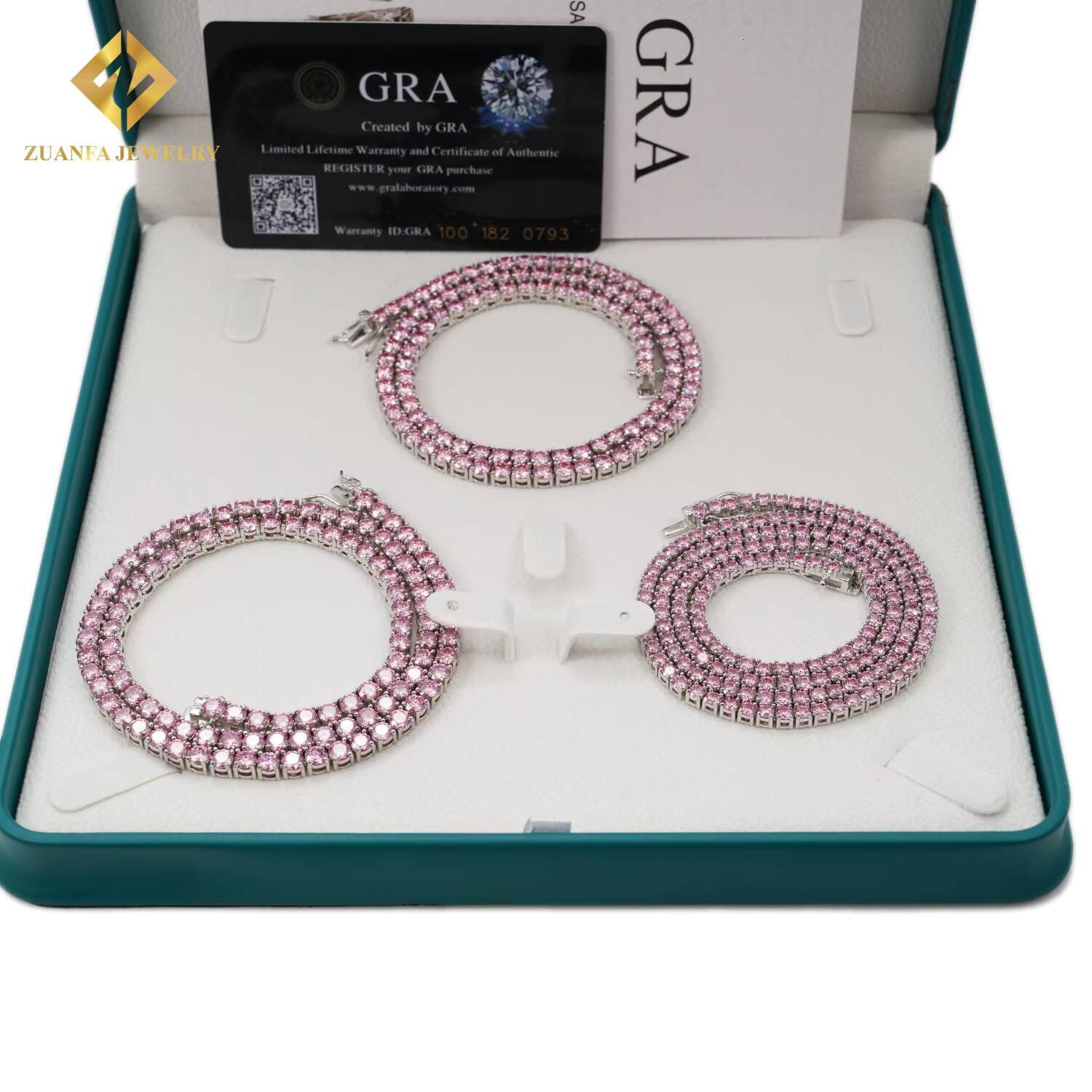 Wholesale Jewelry New Colored Iced Out Vvs Moissanite Diamond 3mm 4mm 925 Silver Pink Tennis Chain Necklace Bracelet