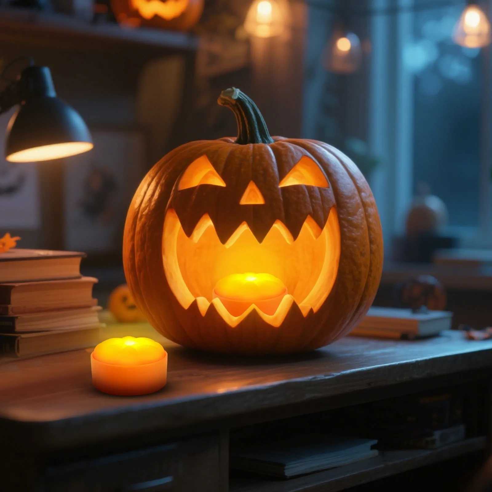 2 - Remote-Controlled LED Jack-O-Lantern Lights - Battery-Powered Pumpkin Decor with Timer for Indoor/Outdoor Halloween Atmosphere XJ250804