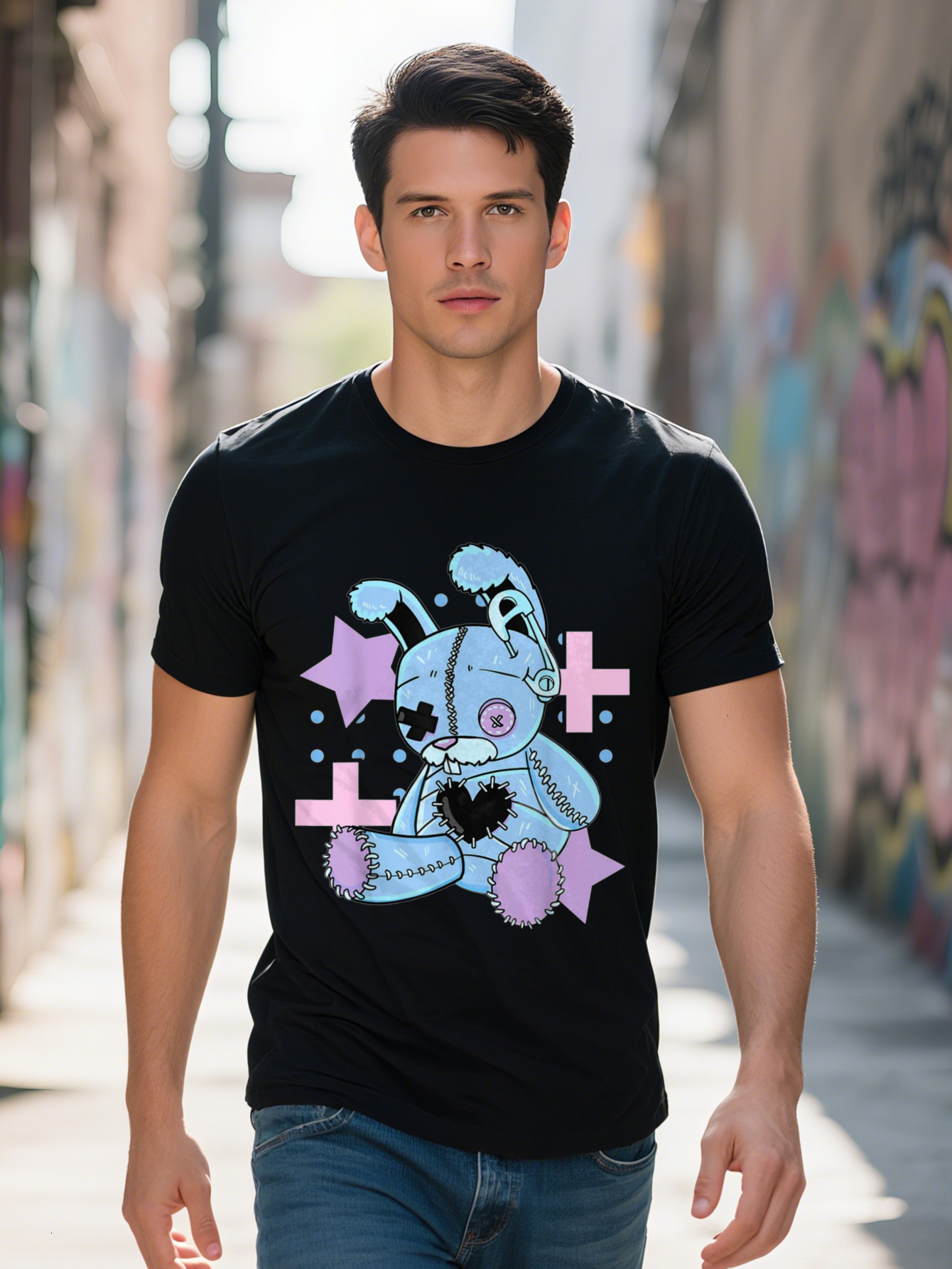 100% Cotton Graphic T-Shirt for Men - Creepy Cute Pastel Goth Bunny Voodoo Doll Design, Short Sleeve, Crew Neck, Casual Wear, Black with Purple & Pink