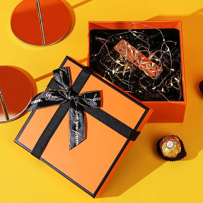 Luxury High End Orange Gift Box with Bow Grass Card Cardboard Box Wedding Party Gift Chocolate Candy Packaging Multi Size Boxes Bag 250805