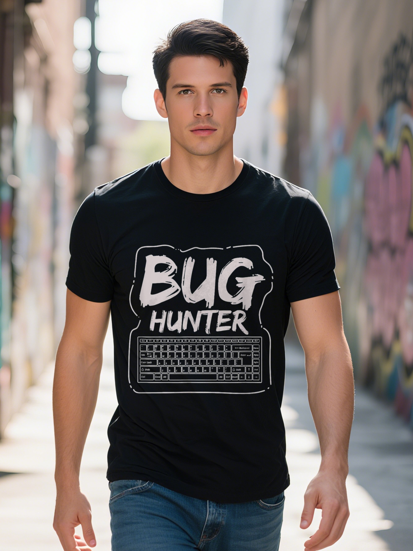 Men's Bug Hunter Graphic - Cotton, Black with White Keyboard Design, Software Engineer Gift, Clothing Short Sleeve Crew Neck T-Shirt, Casual Wear