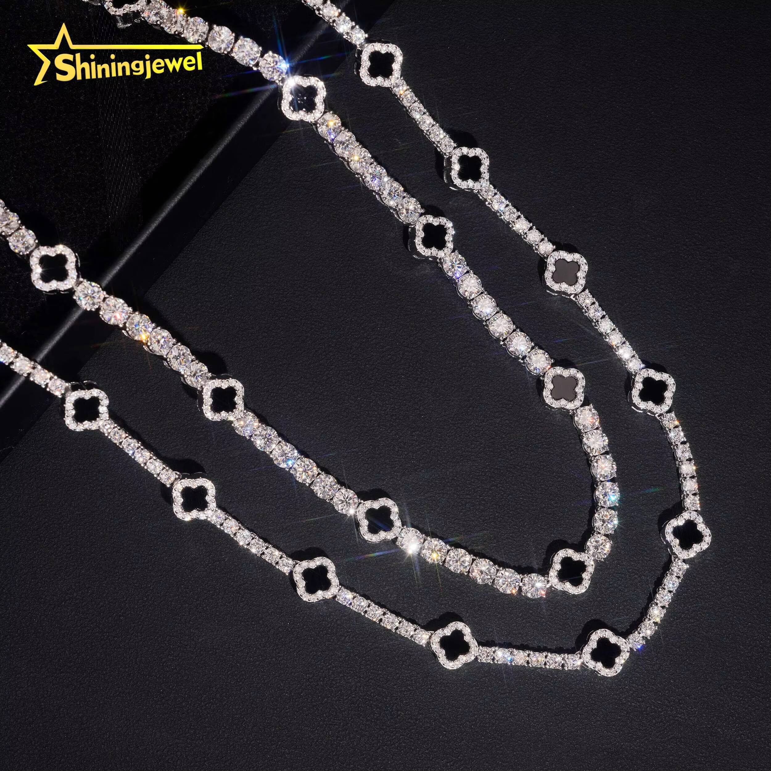Ready Stocks 3mm 5mm Black Agate Clover Moissanite Tennis Necklace Bracelet Tennis Chain Moissanite 925 Solid Silver