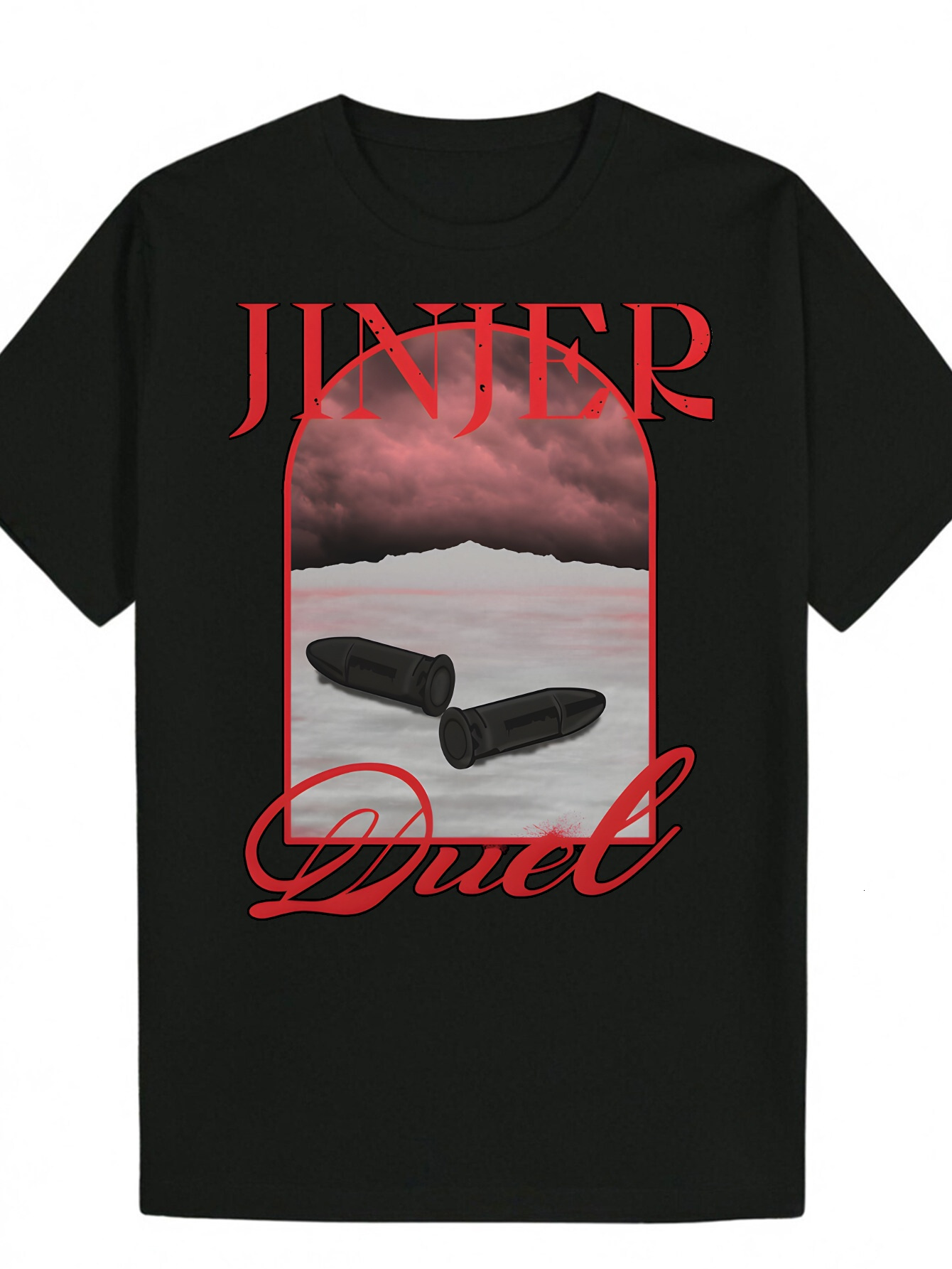 Men's Summer with "JINJER Duel" Pattern - Black Polyester, Crew Neck, Regular Fit, Casual Wear T-Shirt Playful Font | Elastic fabric 23