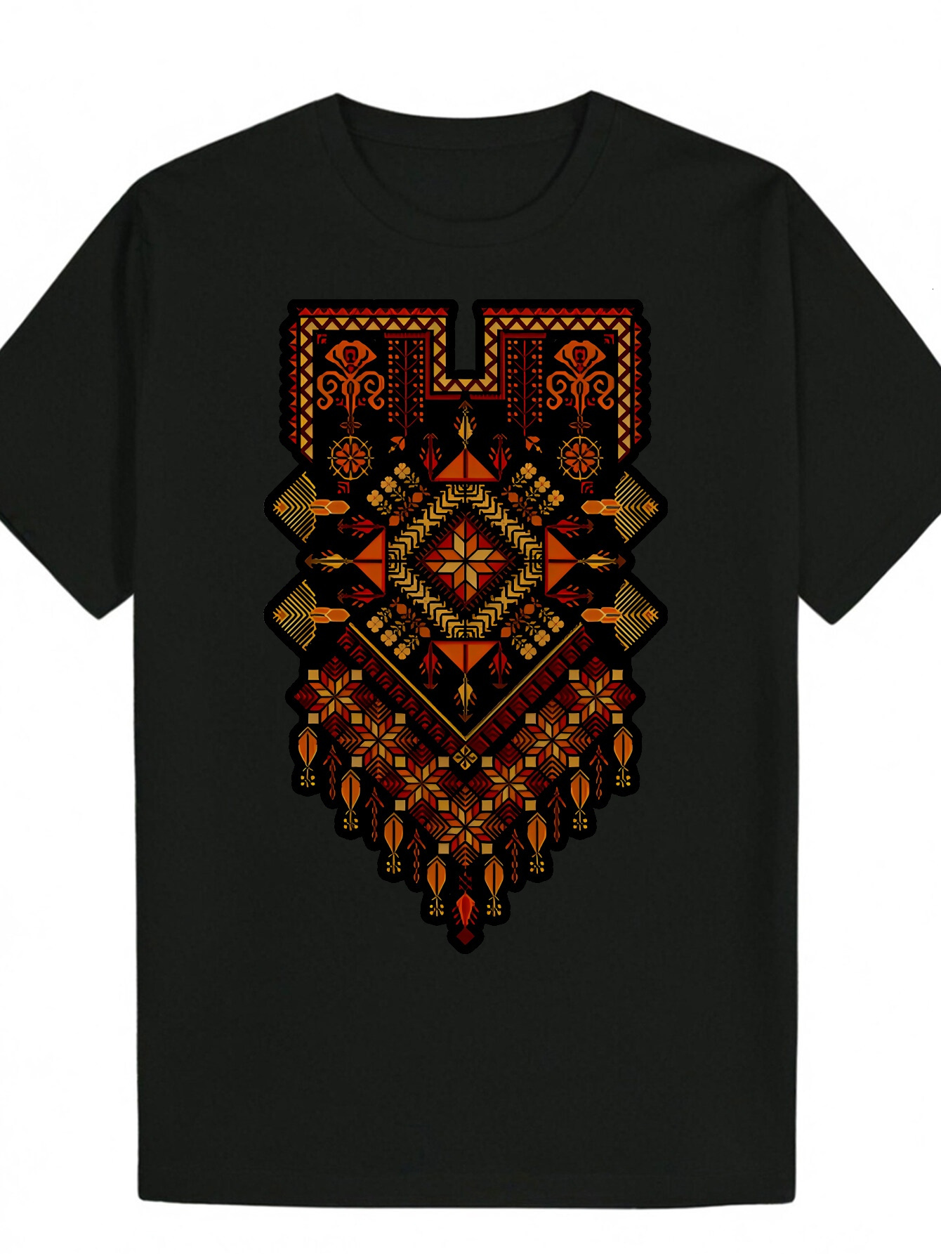 Men's Summer Ethnic Print - Geometric Pattern, Polyester Fiber, Round Neck, Machine Washable, Suitable for Breathable Top, Vibrant Casual Wear, L