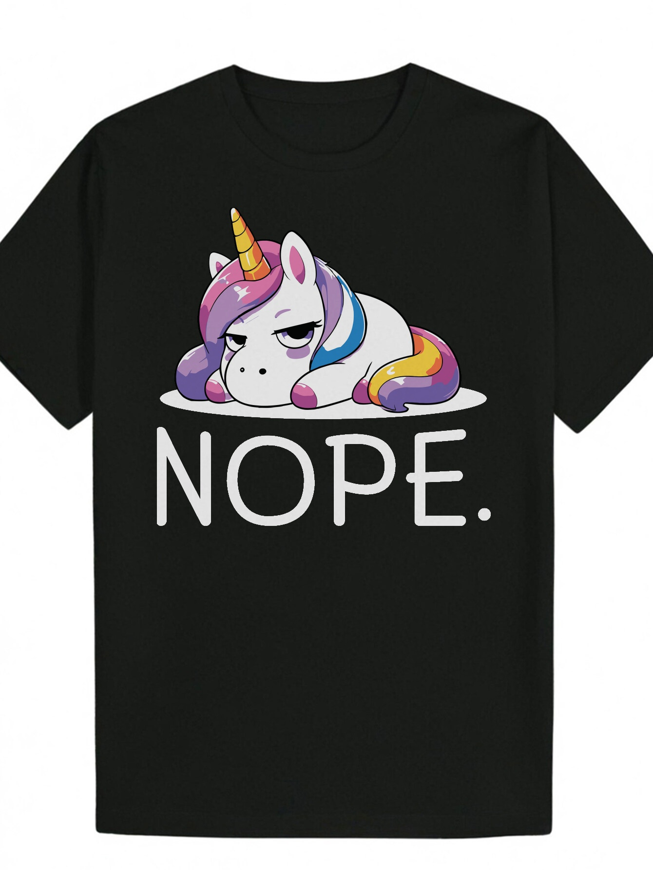 Men's Summer Casual with Quirky Unicorn - 'NOPE' Fun Animal Design, Crew Neck, Fiber, Black, Style, Suitable for Modern Work and Daily 