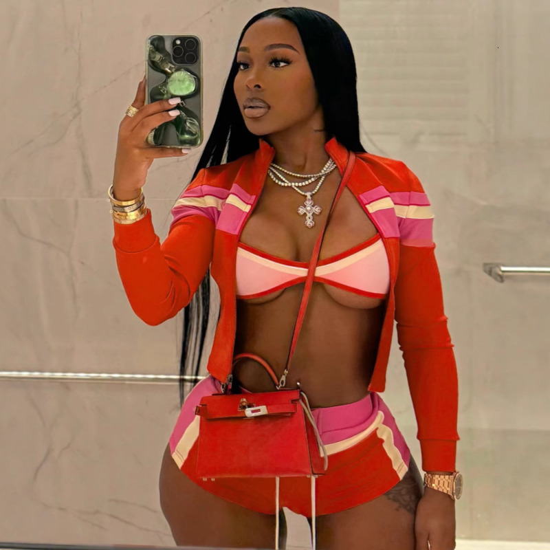 Women Tracksuits Three Pieces Set 2025 New Fashion Clothing Color Block Long Sleeve Off-shoulder Tie Hot Pants Sportwear