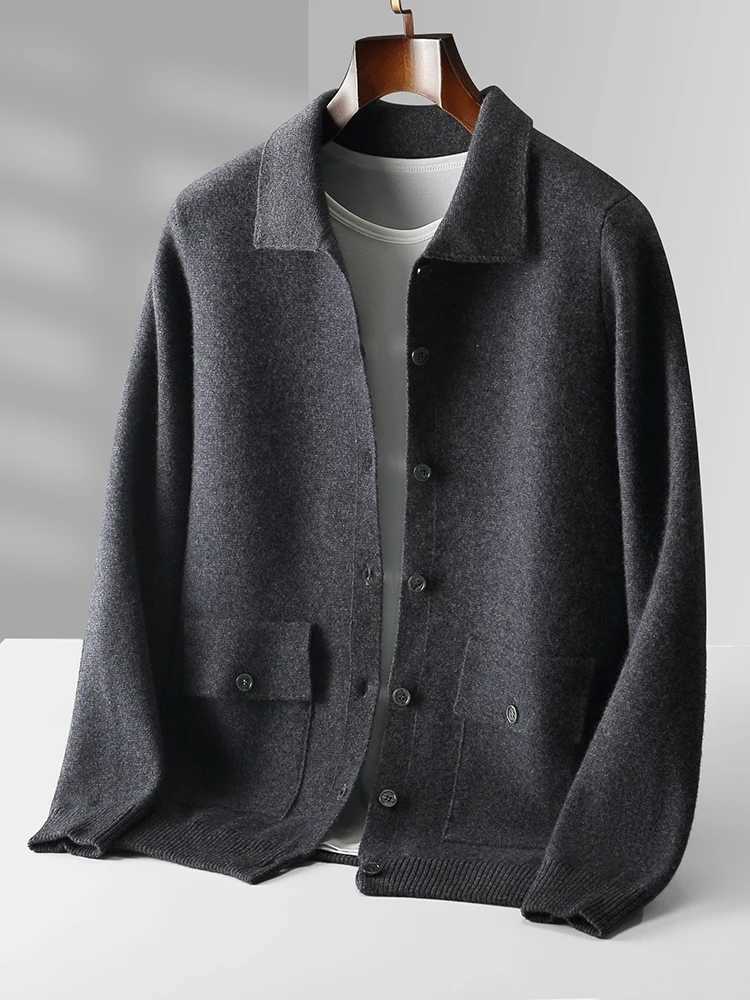 100% Merino Wool Knitwear Men Sweater High Quality Turndown Collar Single Breasted Solid Color Cardigan Soft Tops XJ250805