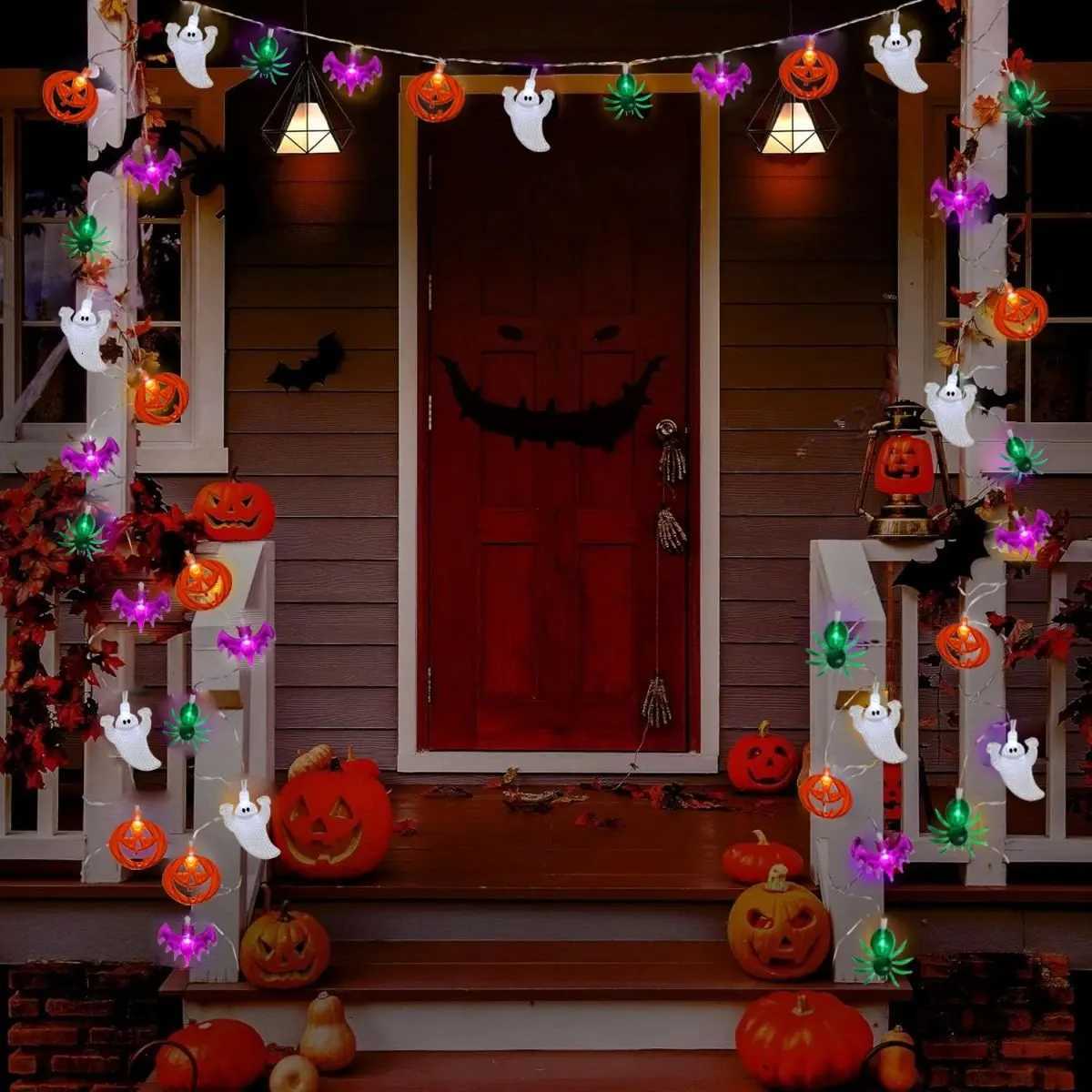 1pc Halloween Mixed LED String Lights With Spider Pumpkin Bat Ghost Battery Operated Fairy Lights For Home Halloween Party Decoration XJ250804