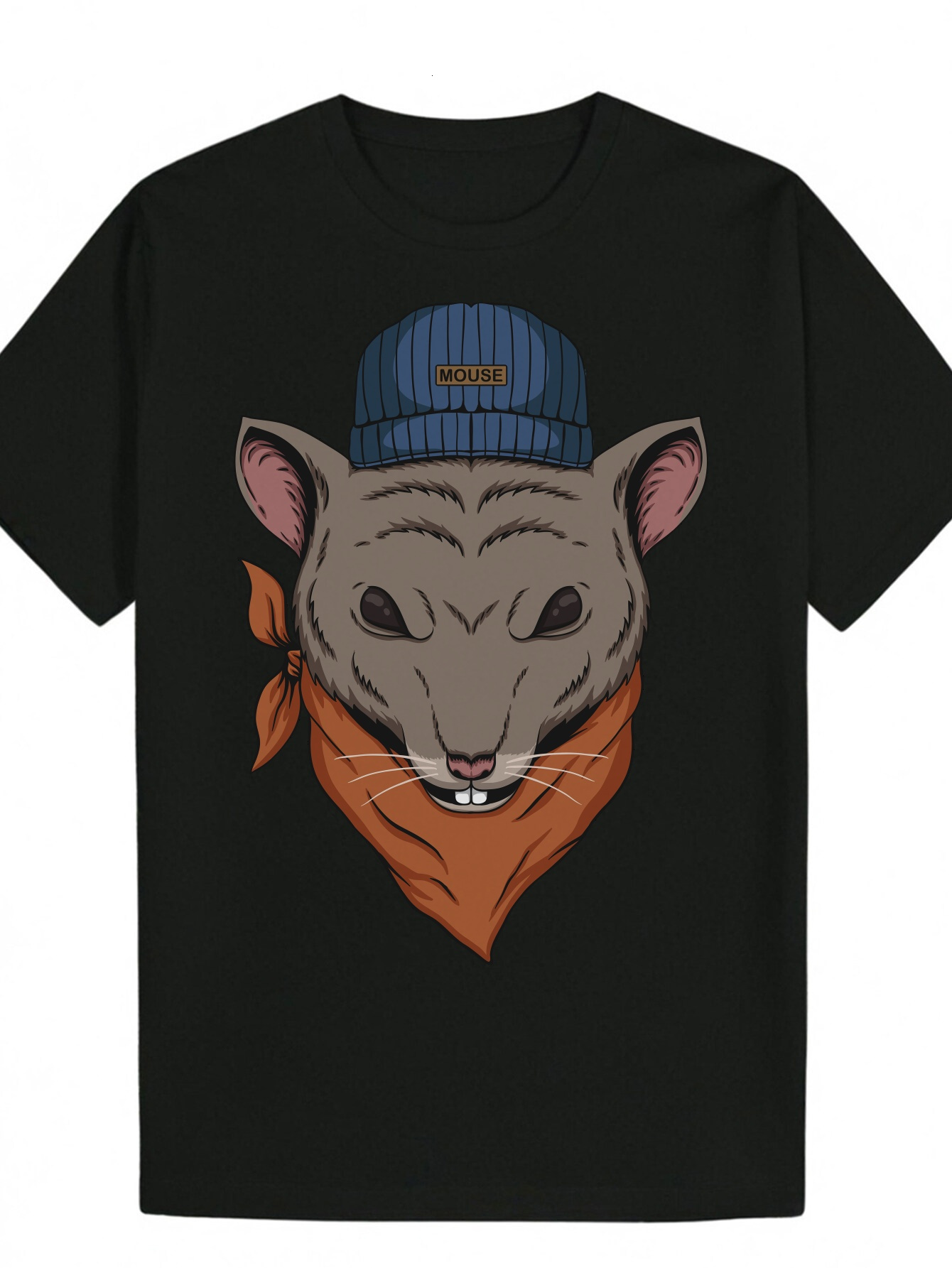 Men's Summer Casual Pattern - Black Print, Mouse Pattern, Blue Hat and Orange Headscarf, 100% Polyester Crew Neck, Machine Washable Regular Fit, 