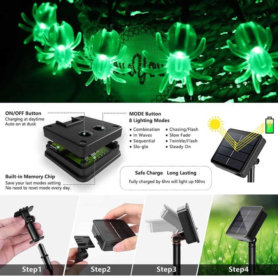 1pc 20/30 LED Halloween Spider Outdoor String Light With 8 Lighting Modes Solar Powered Lamp For Home Garden Yard Halloween Decor XJ250804