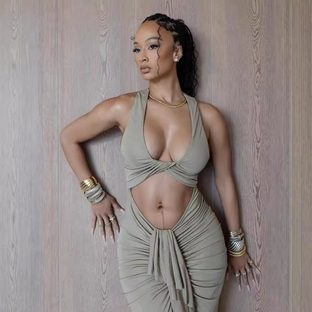 2025 Summer Fashion Sexy trend Twisted Hollow Long Skirt with Ruffles and Straps, Open Collar Fashion Sleeveless Mermaid Dress, New Designer Dress