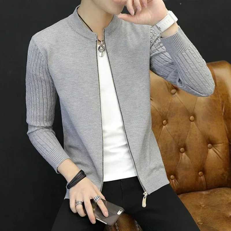Knit Sweater Men Solid Color No Hoodie Collared Mens Clothing Zip-up Cardigan Zipper Plain Stylish Hot Casual Neck Cotton A XJ250805