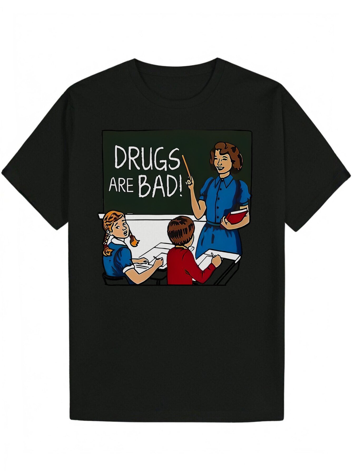 Men's Summer Pattern T-Shirt - Round Neck, Polyester Fiber, Black, Printed with "Drugs Are Bad" Design, Short Sleeve, Lightweight and B