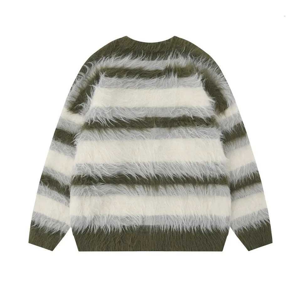 Striped Plush V-neck Sweater Mens Loose Casual Brushed Knit Trendy Couple Versatile Comfortable Harajuku High Street Cardigan XJ250805