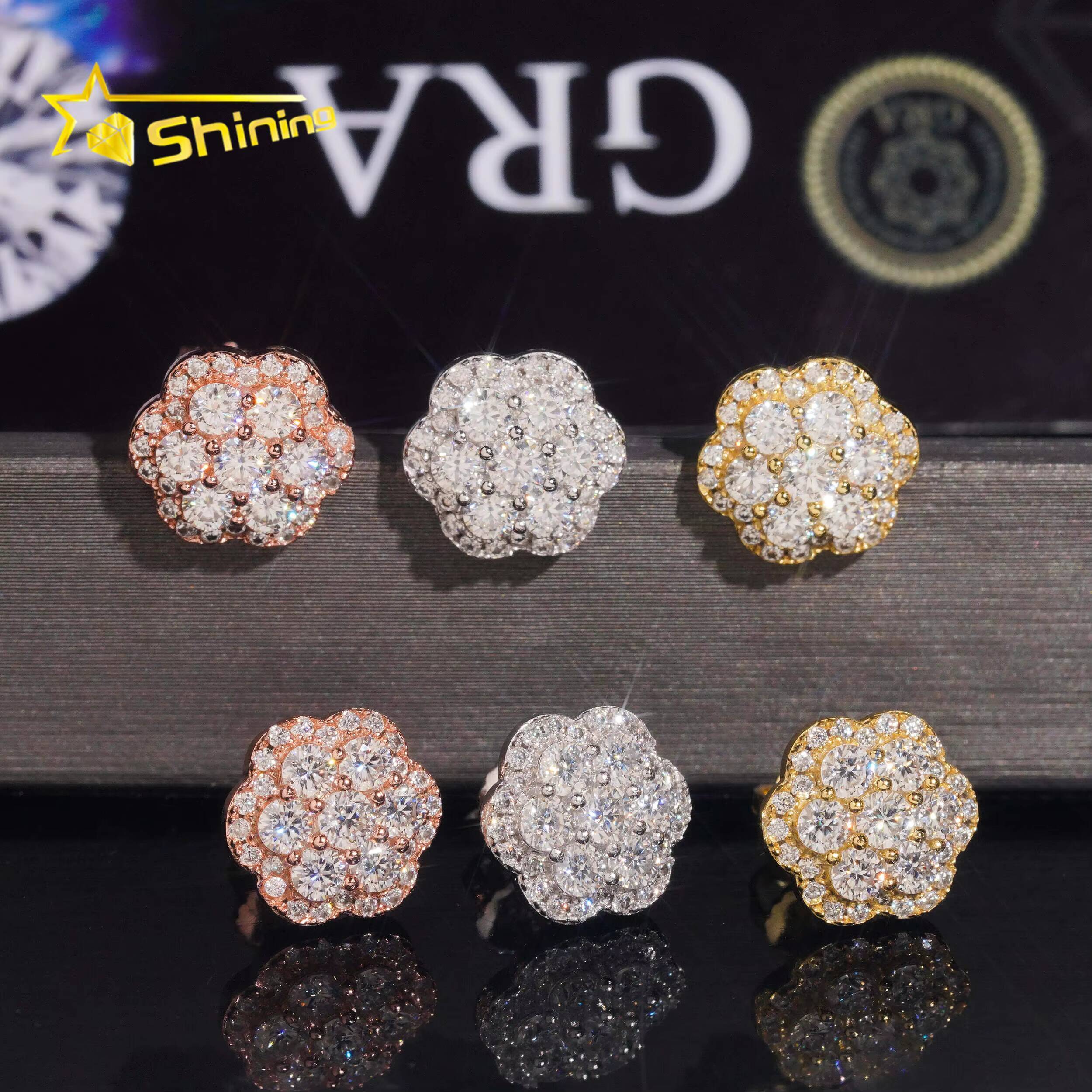 Fine Jewelry Iced Out Hip Hop 925 Silver Flower Pass Diamond Tester Moissanite Stud Earrings