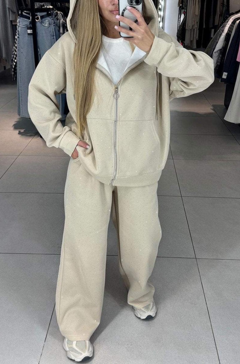 Fashion Rhinestone Sweatshirt Outfit Casual Women Zipper Coat and Long Pants Sports Suit Autumn Long Sleeved Loose Two Piece Set
