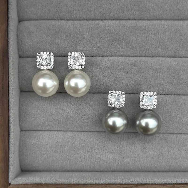 Luxury Gray Pearl Dangle Earrings for Women Classic Elegant Temperament Crystal Zircon French Stud Earrings Fashion Jewelry Gifts Y250804
