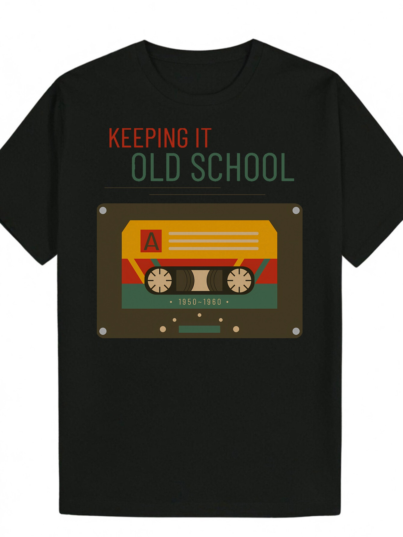 Men's 'Keep It Old School' Graphic - Casual Crew Neck Tee, Cassette Design, Summer Wear, Regular Fit, Music Fan Clothing Energetic T-Sh