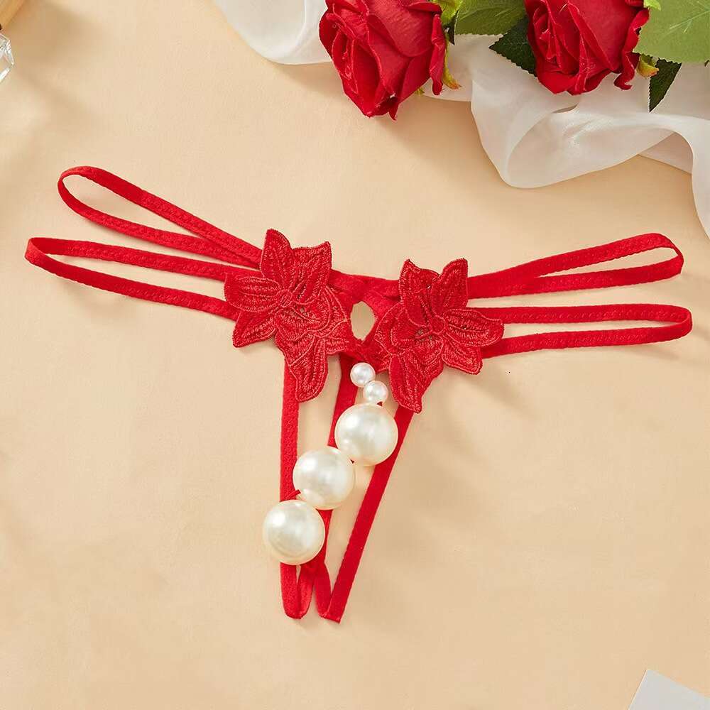 Sexy Lingerie Women's Extra Large Pearl Thong Open Crotch Nightclub Underwear Floral Embroidery Graduated Pearl Detailing Stretch Straps Design