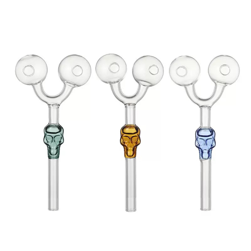 Multi-use Skull Design Glass Oil Burner With Dual Bowls Glass Pipe Attachment Concentrate Herbs