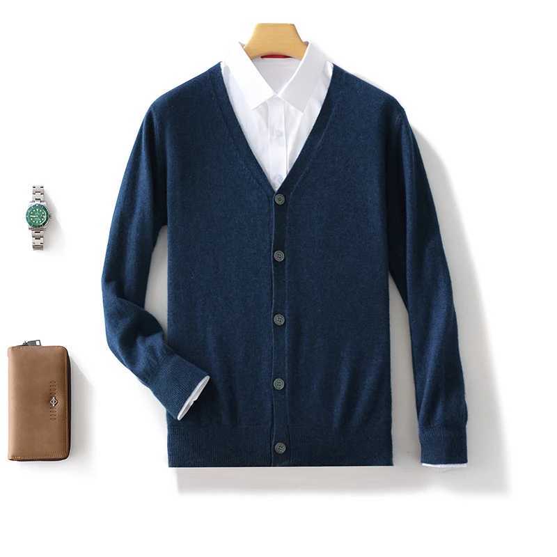Autumn Winter 100% Pure Cashmere Wool Knit Cardigan Mens Jacket Trend V-neck High-Quality Sweater Loose Warm Mens Coat Tops XJ250805