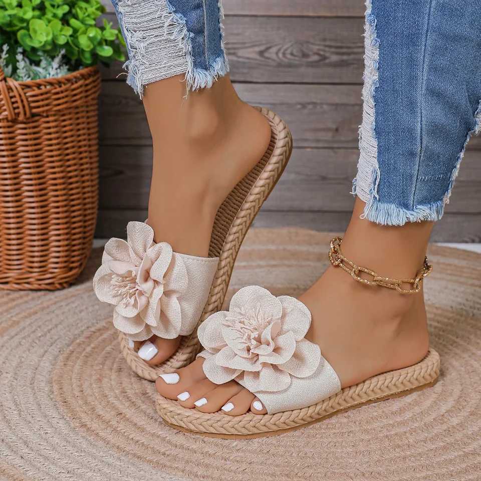 New flat-bottomed womens slippers beach shoes casual home sandals ultra-lightweight slippers pink flower shoes W250805