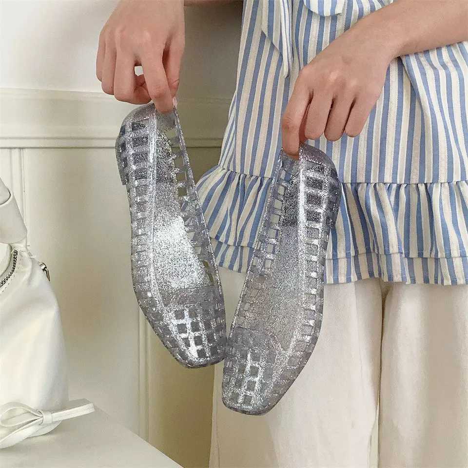 Casual Lazy Square Head Flat Bottom Hollowing Single Shoes for Women Summer Korean Simple Wind Hundred Anti-slip Jelly Shoes W250805