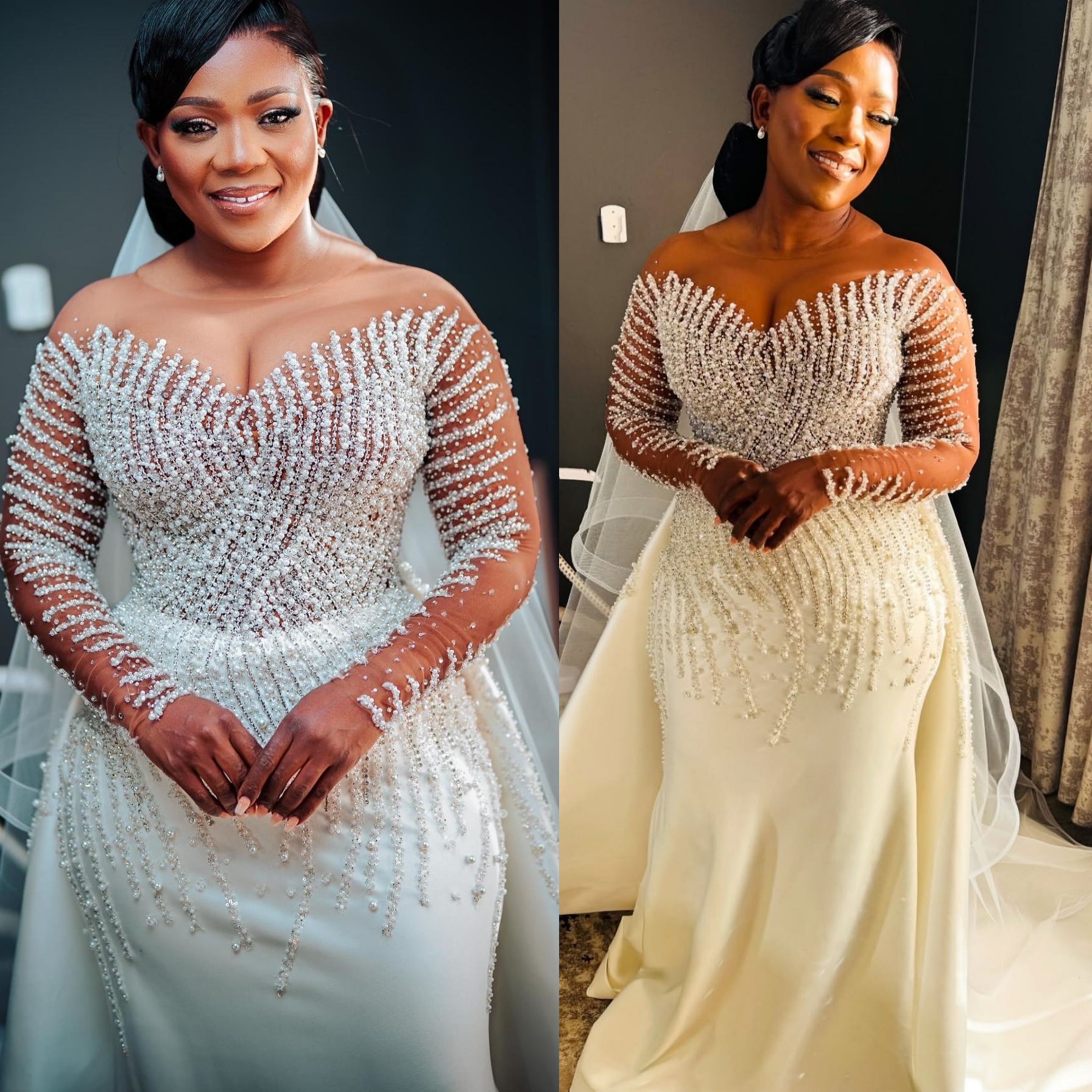 2025 Aso Ebi Plus Size White Mermaid Wedding Dress Beaded Pearls Satin Detachable Train Vintage Bridal Gowns Dresses ZJ06758