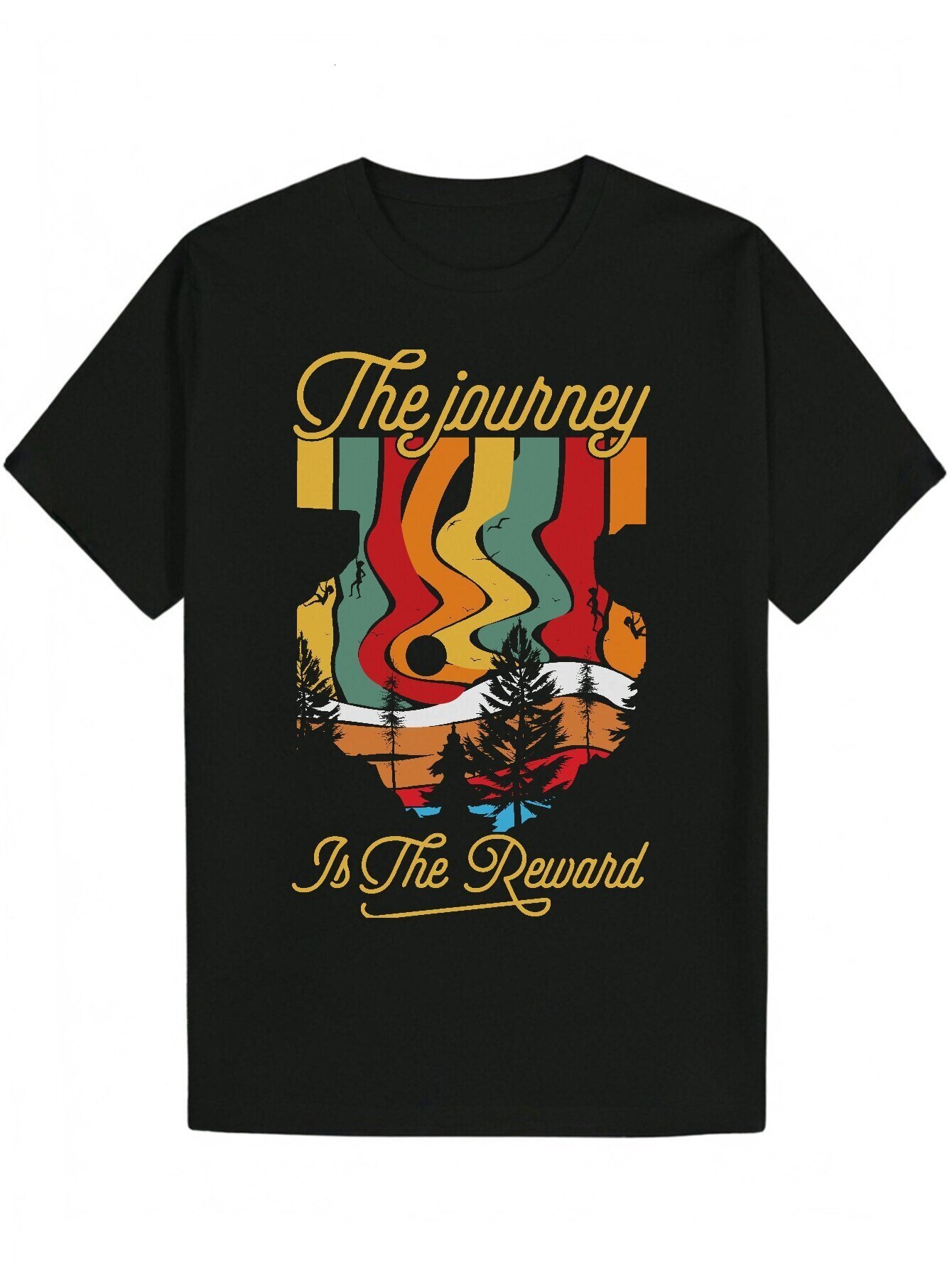 Men's Summer Pattern - Round Neck Polyester T-Shirt "The Journey is the Reward" Design, Black with Colorful Stripes Forest Pattern, Lig